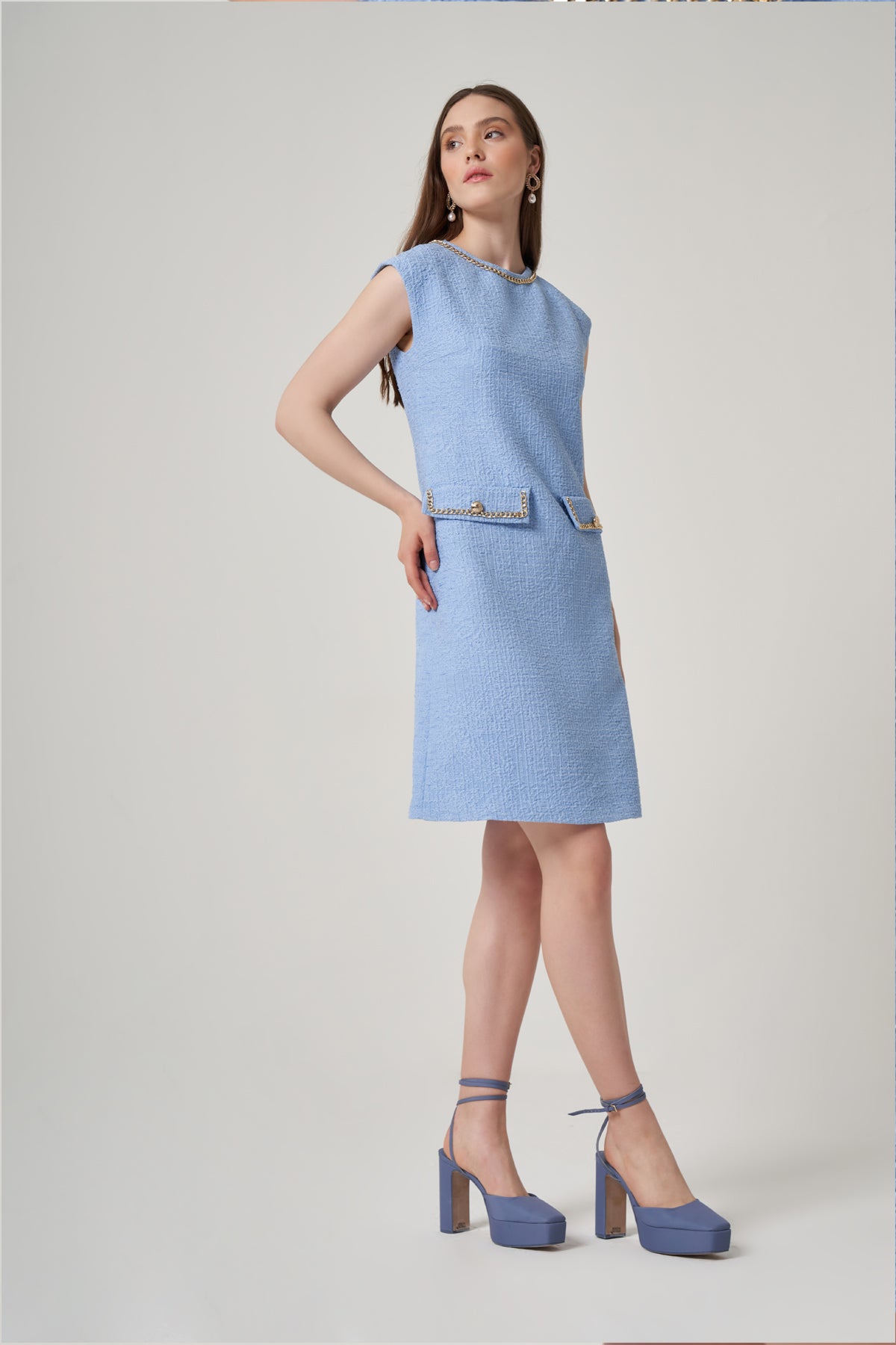 Aqua Textured Short Dress with Metal Chain Accessory