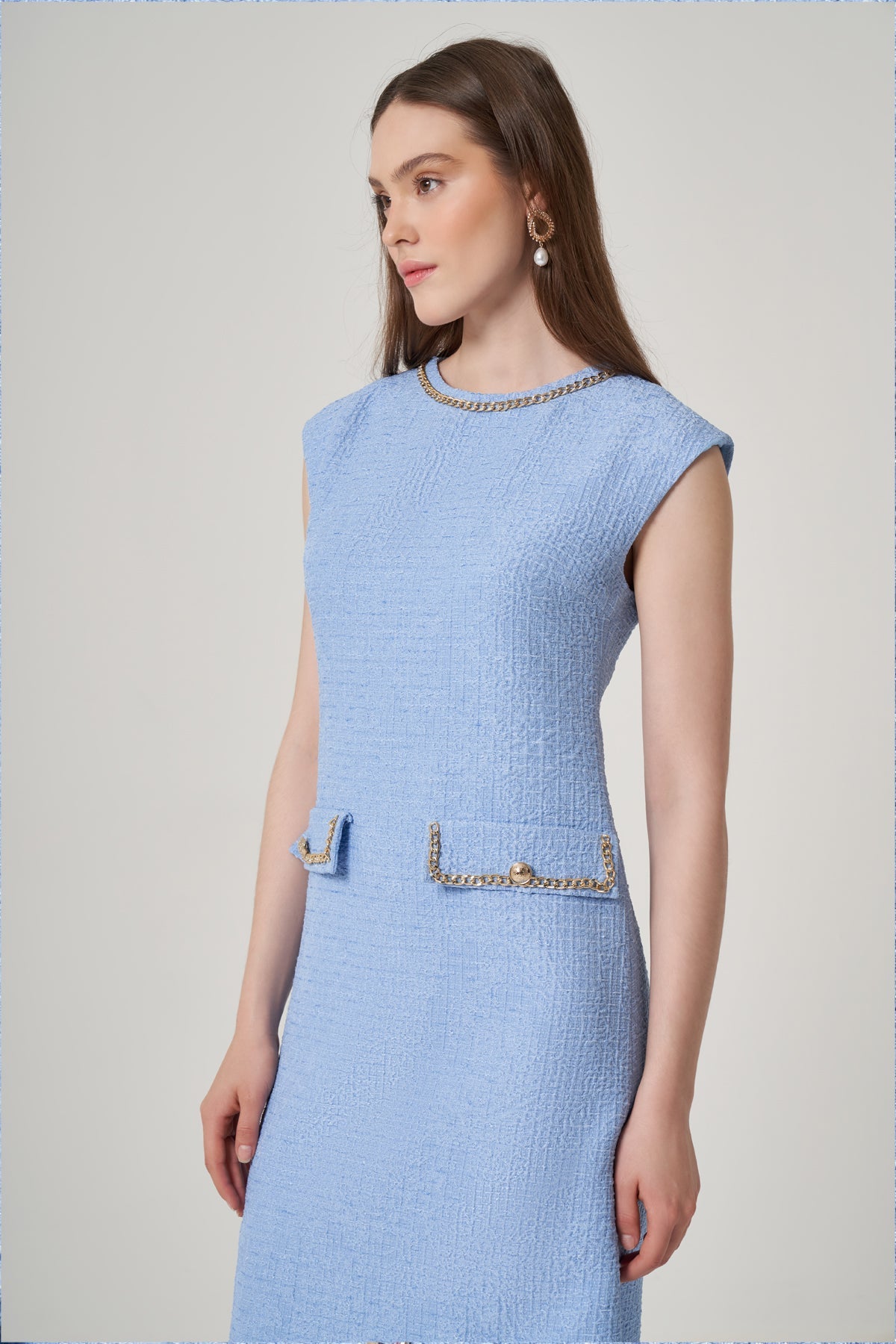 Aqua Textured Short Dress with Metal Chain Accessory