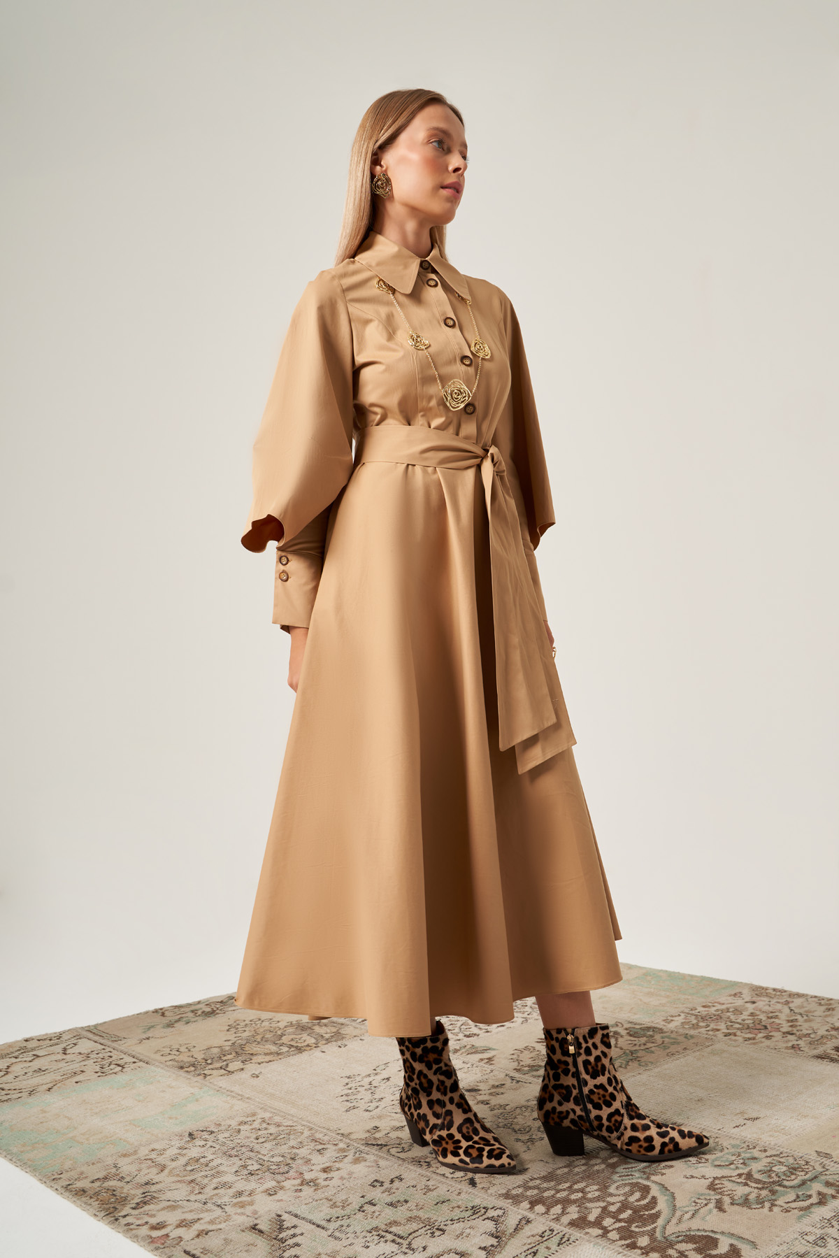 Beige Belted Batwing Sleeve Dress