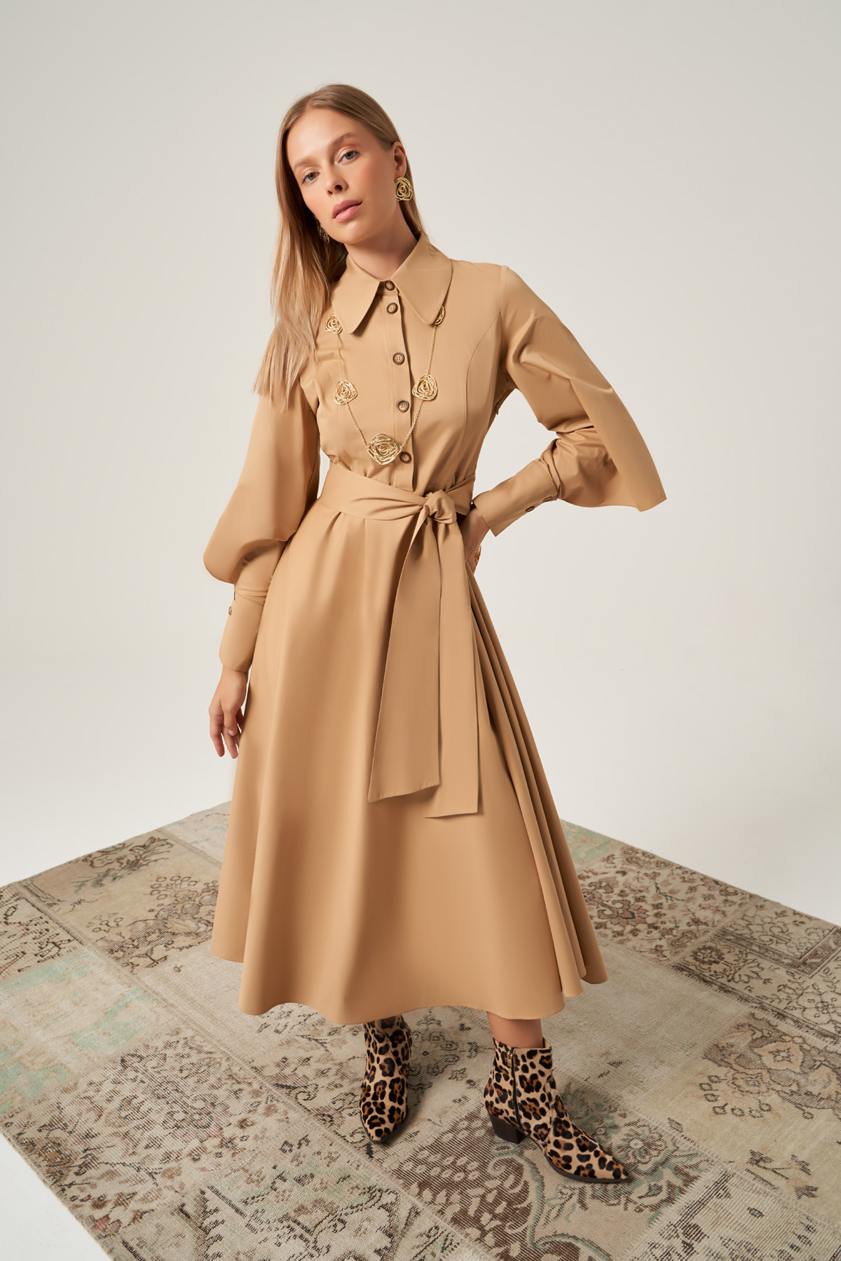 Beige Belted Batwing Sleeve Dress