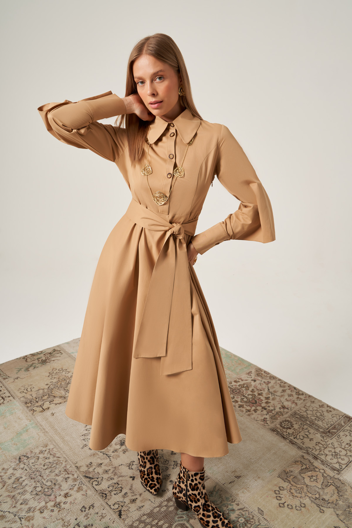 Beige Belted Batwing Sleeve Dress