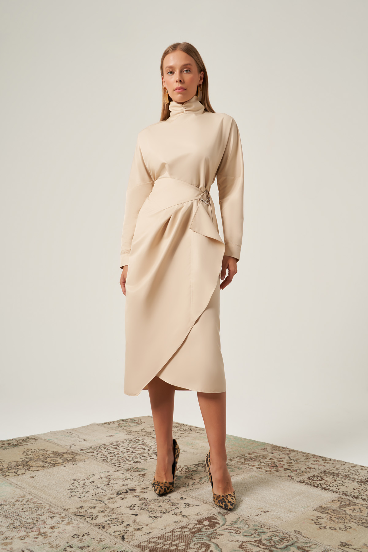 Beige Mandarin Collar Wrap Dress