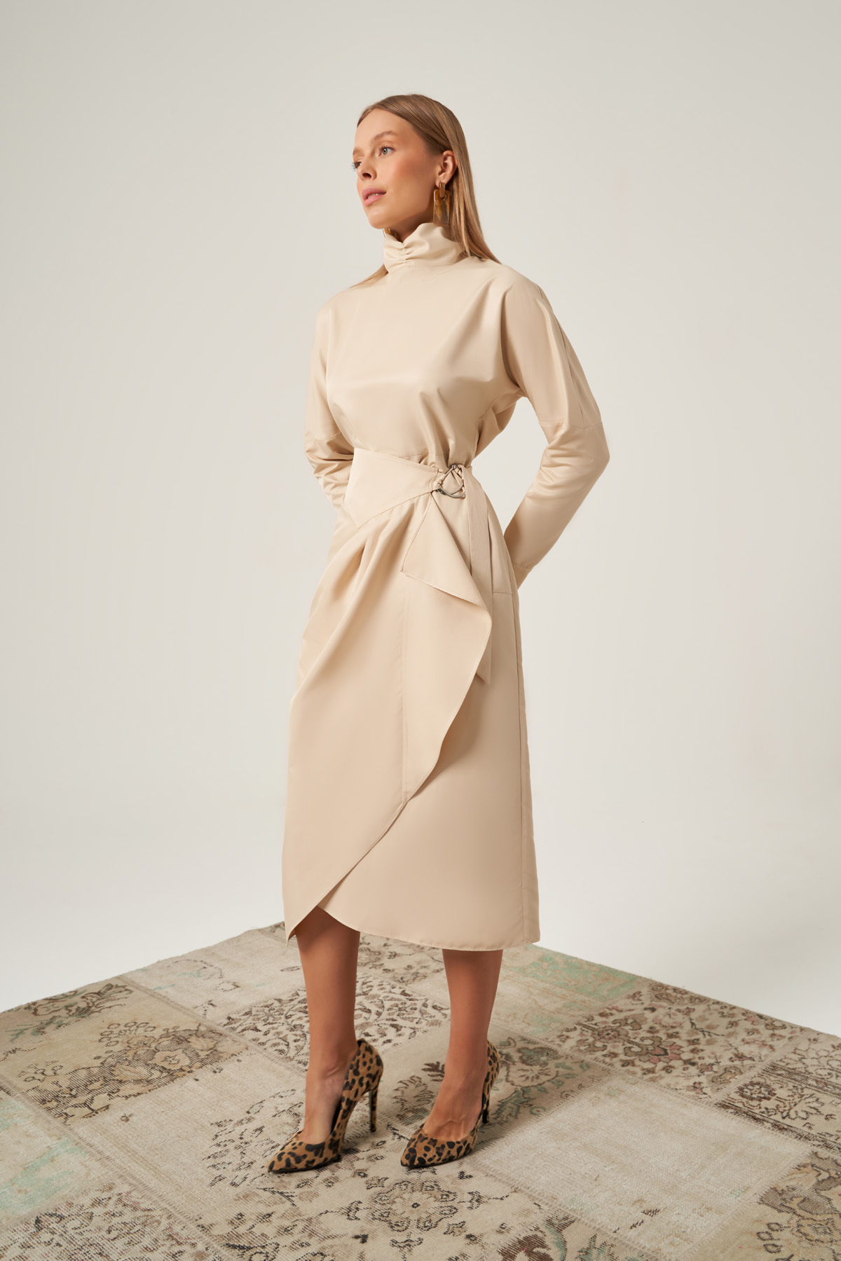 Beige Mandarin Collar Wrap Dress