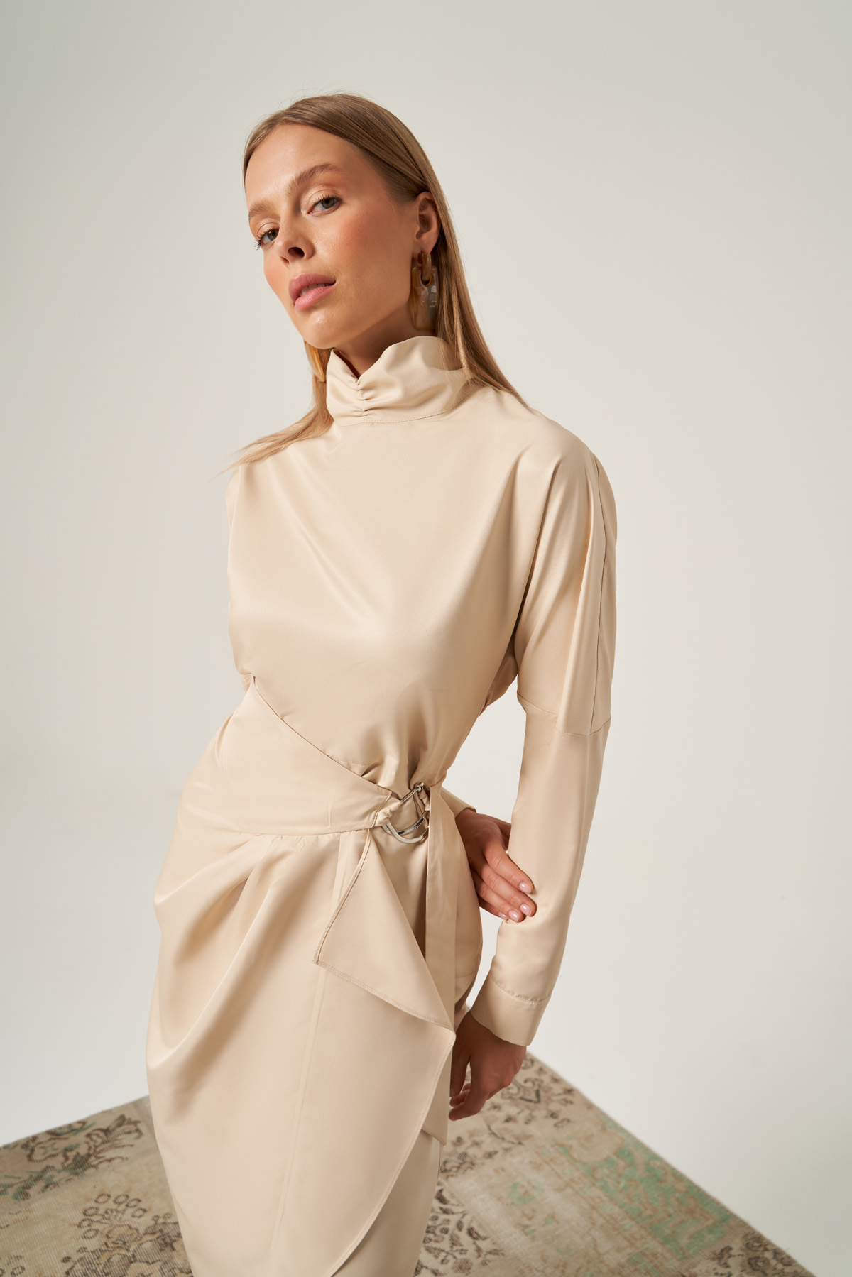 Beige Mandarin Collar Wrap Dress