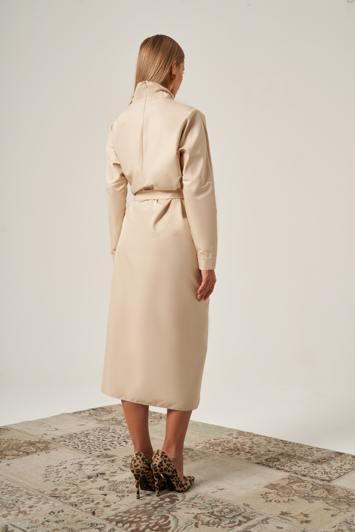 Beige Mandarin Collar Wrap Dress