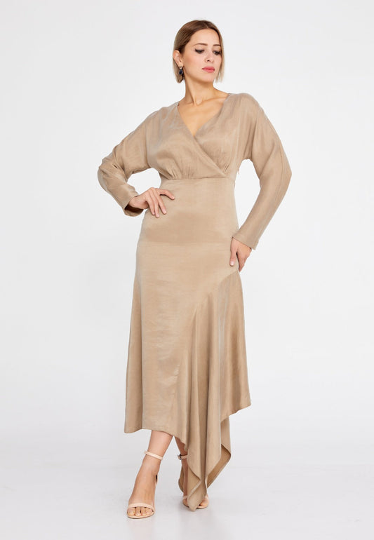 Beige Polyester Midi Dress 2