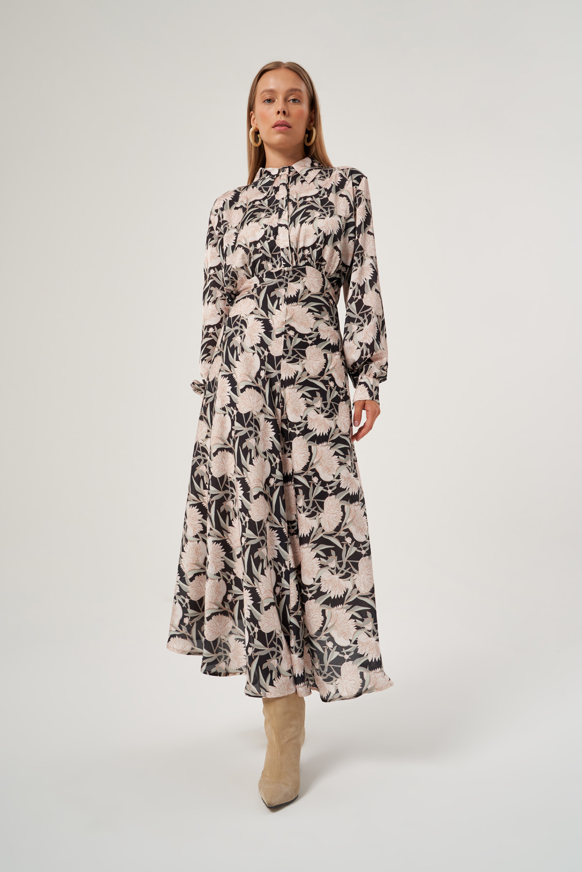 Black Floral Patterned Flounce Dress