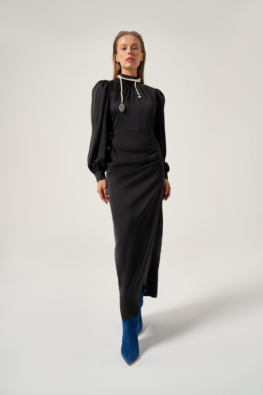 Black Draped Balloon Sleeves Dress