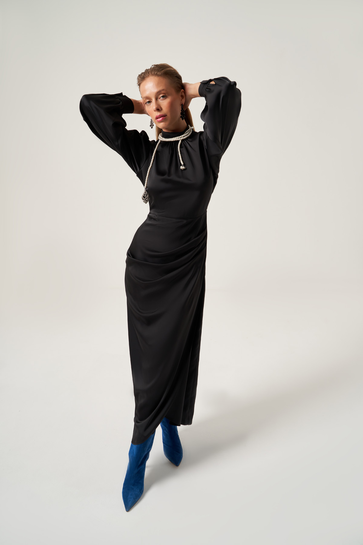 Black Draped Balloon Sleeves Dress