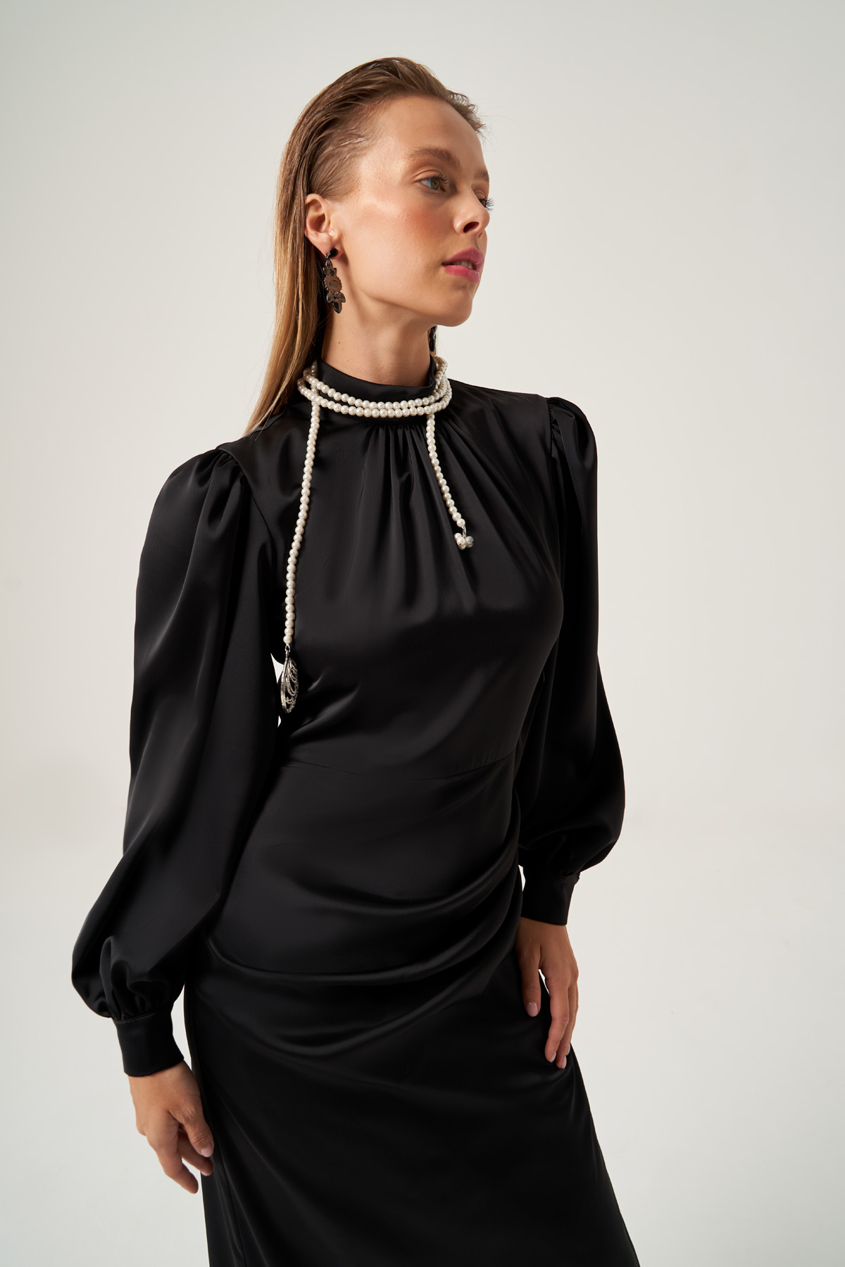 Black Draped Balloon Sleeves Dress