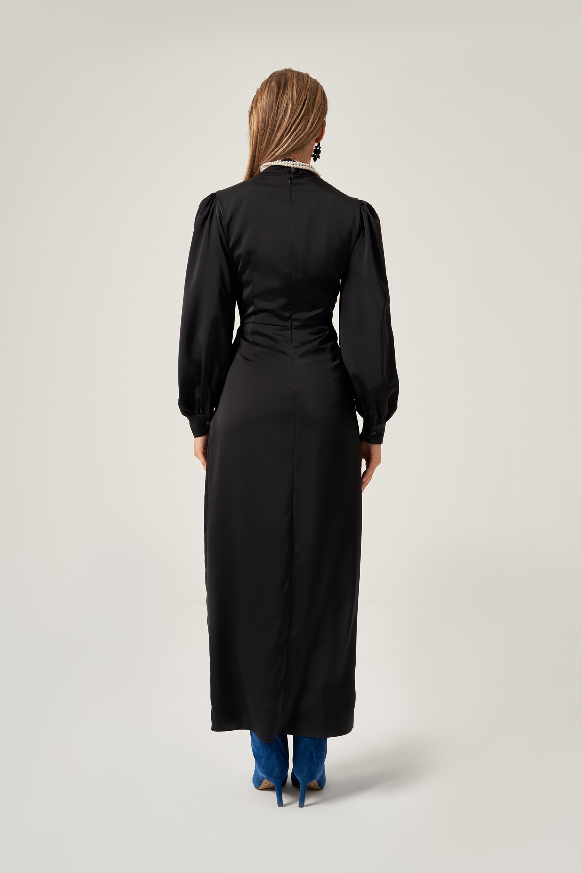 Black Draped Balloon Sleeves Dress