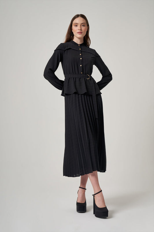 Black Long Dress with Pleated Skirt