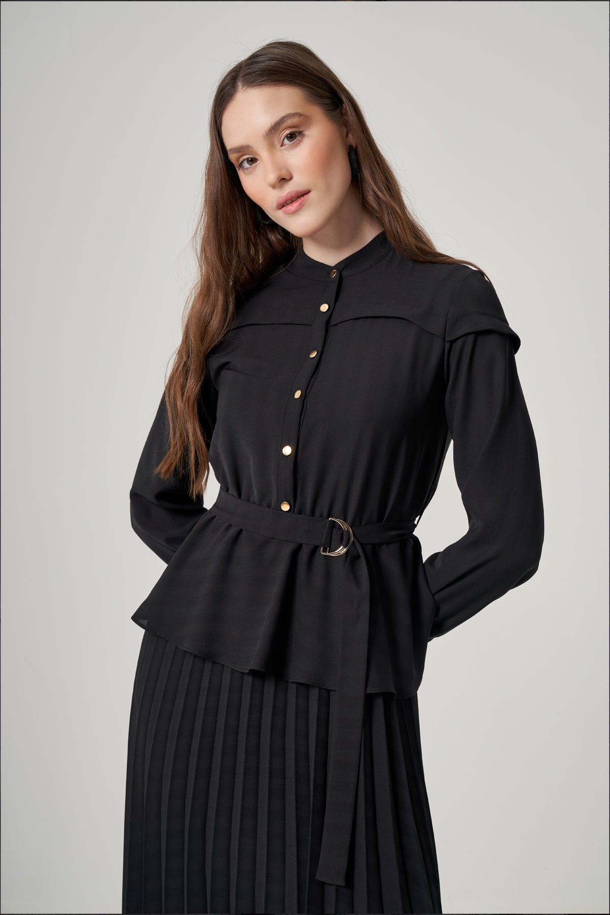 Black Long Dress with Pleated Skirt