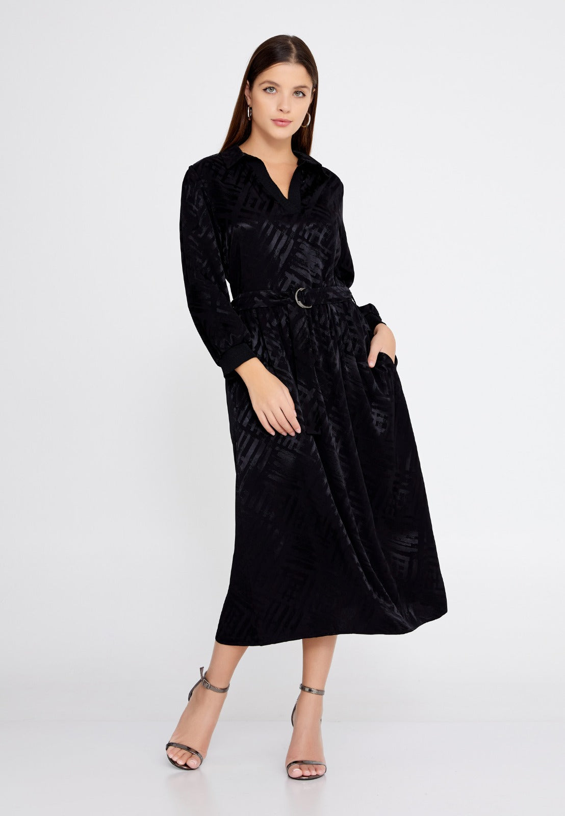 Black Polyester Midi Dress 2