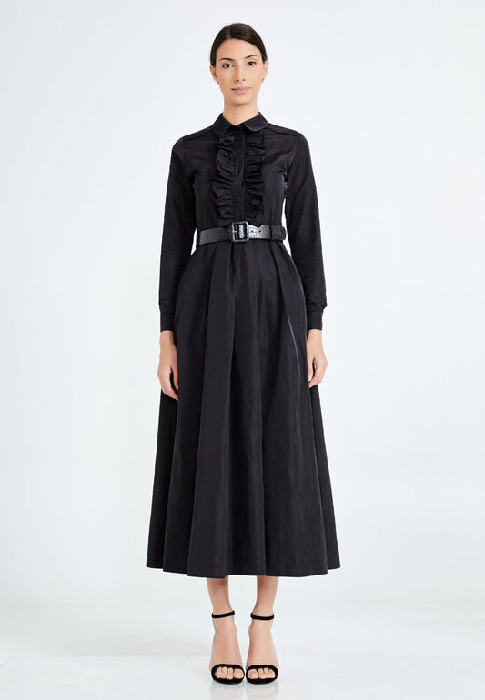 Black Ruffled Belted Midi Dress 1