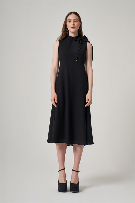 Black Bow Tie Crepe Dress with Upper Collar