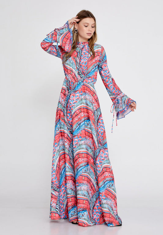 Blue Pink Floral Crepe Maxi Dress 4