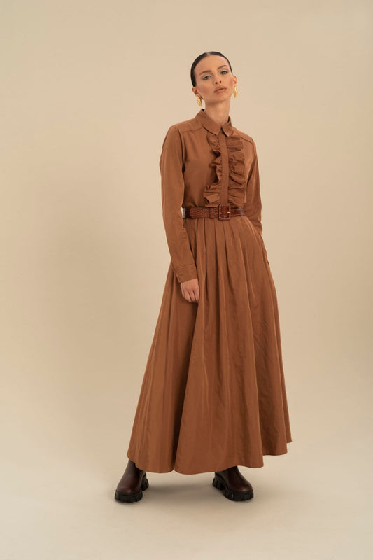 Brown Ruffled Belted Midi Dress