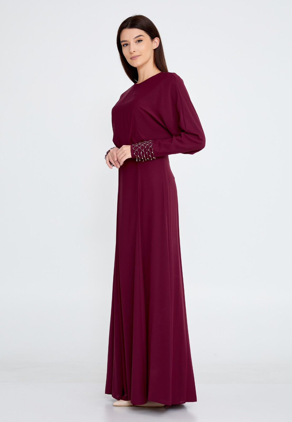 Burgundy Crepe Maxi Evening Dress zeremez