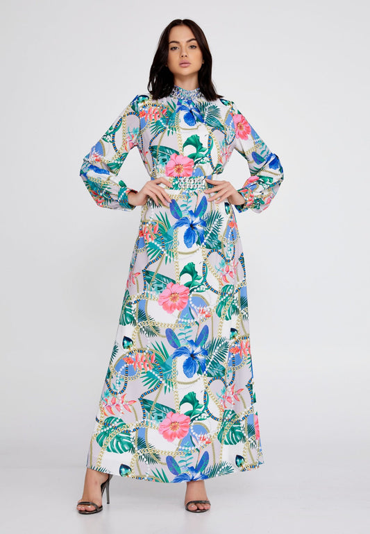 Ecru Green Floral Satin Maxi Dress 1