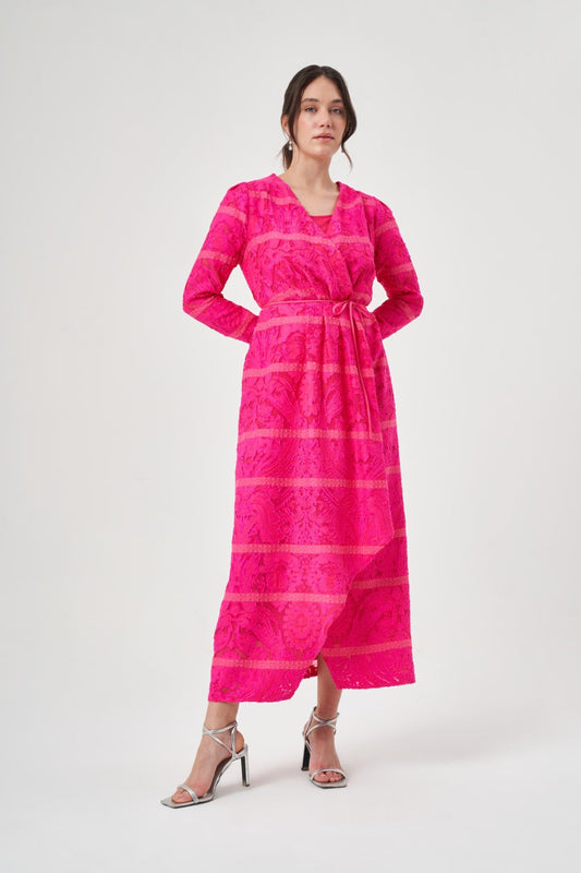 Fuchsia Cut Jacquard Dress with Double-Breasted Closure