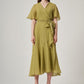 Green Short Sleeve Cotton Dress with Waist Tie