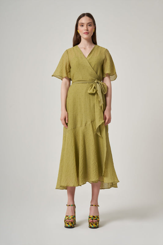 Green Short Sleeve Cotton Dress with Waist Tie