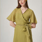 Green Short Sleeve Cotton Dress with Waist Tie