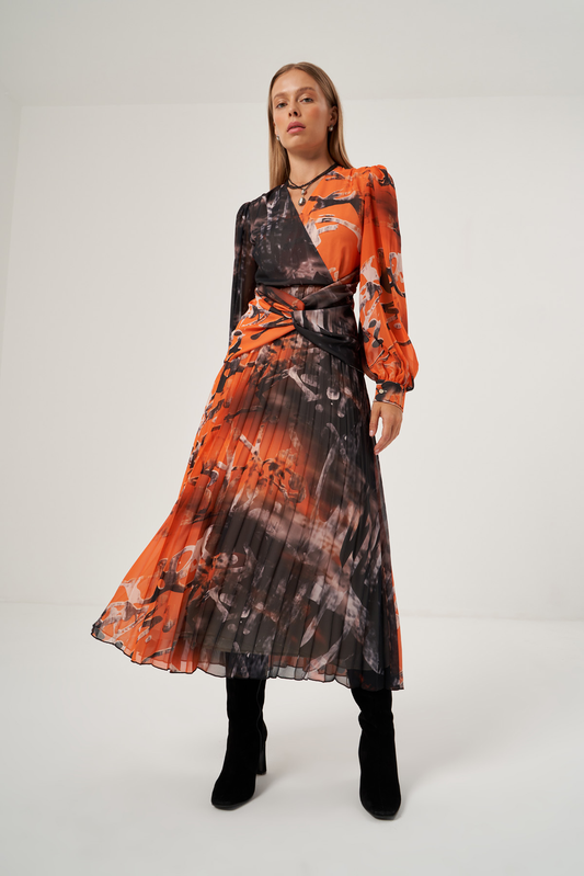 Orange Corset Detail Balloon Sleeves Dress
