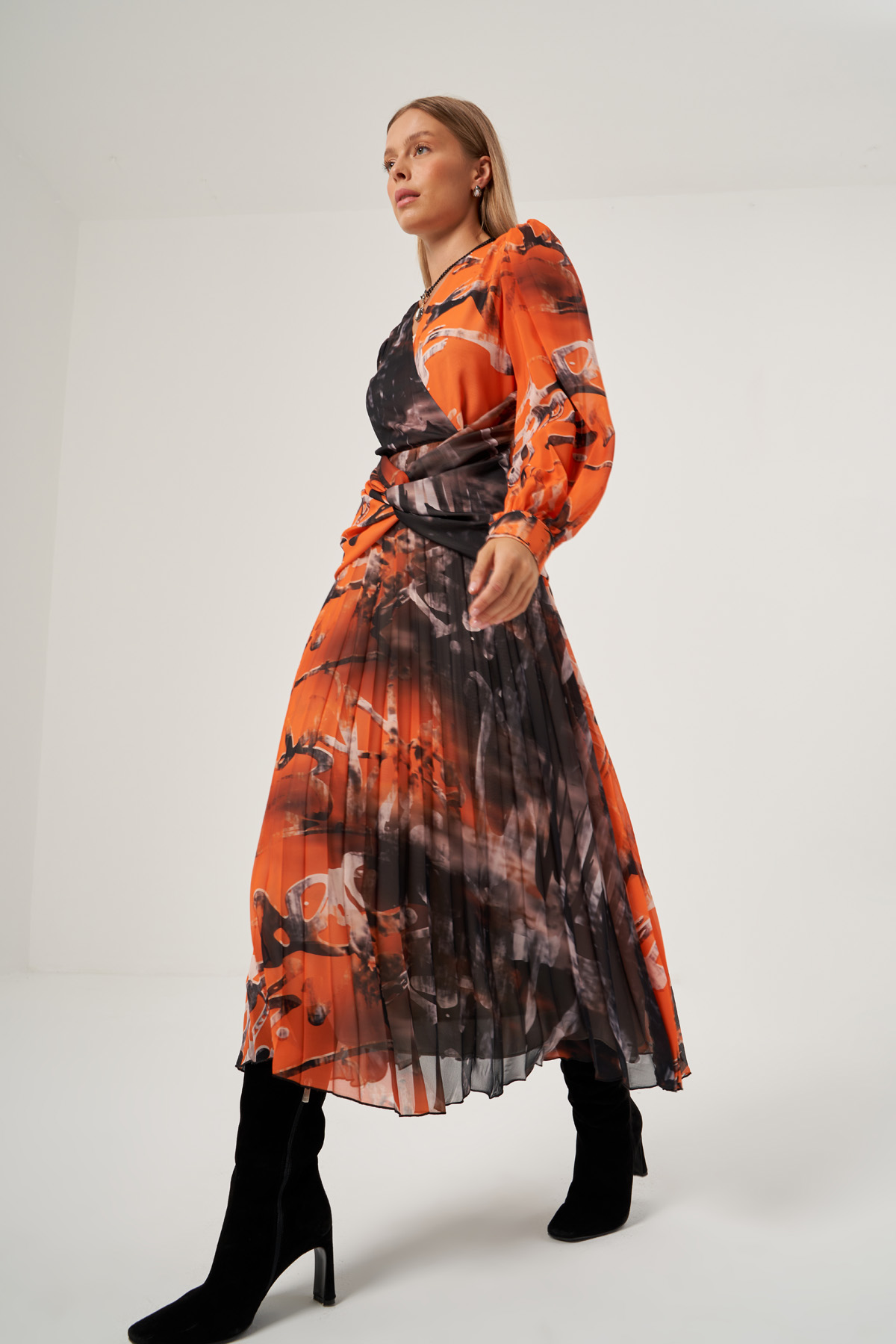 Orange Corset Detail Balloon Sleeves Dress