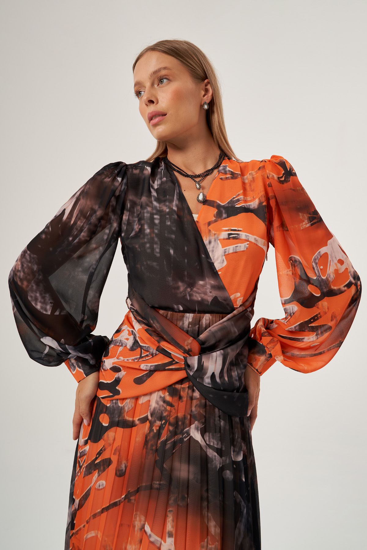 Orange Corset Detail Balloon Sleeves Dress