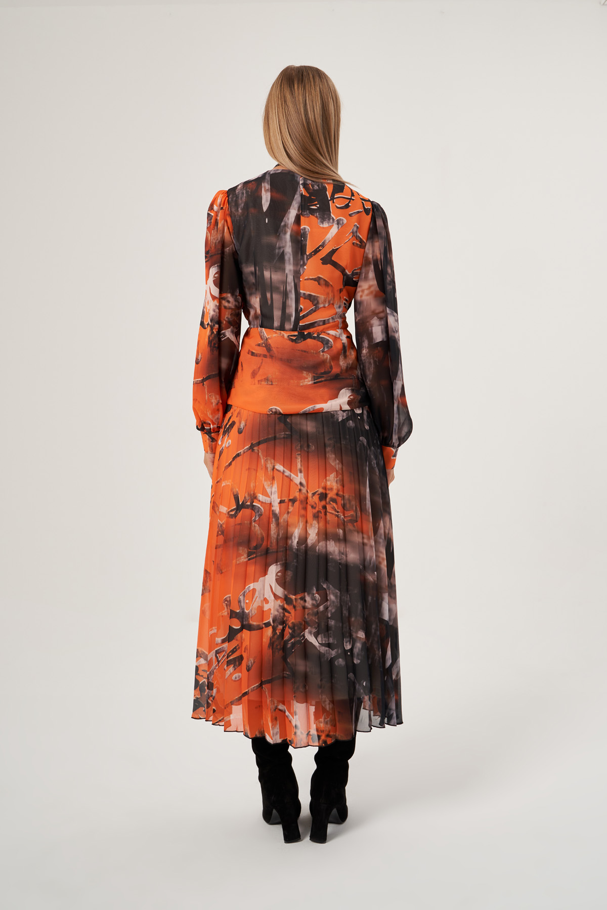 Orange Corset Detail Balloon Sleeves Dress