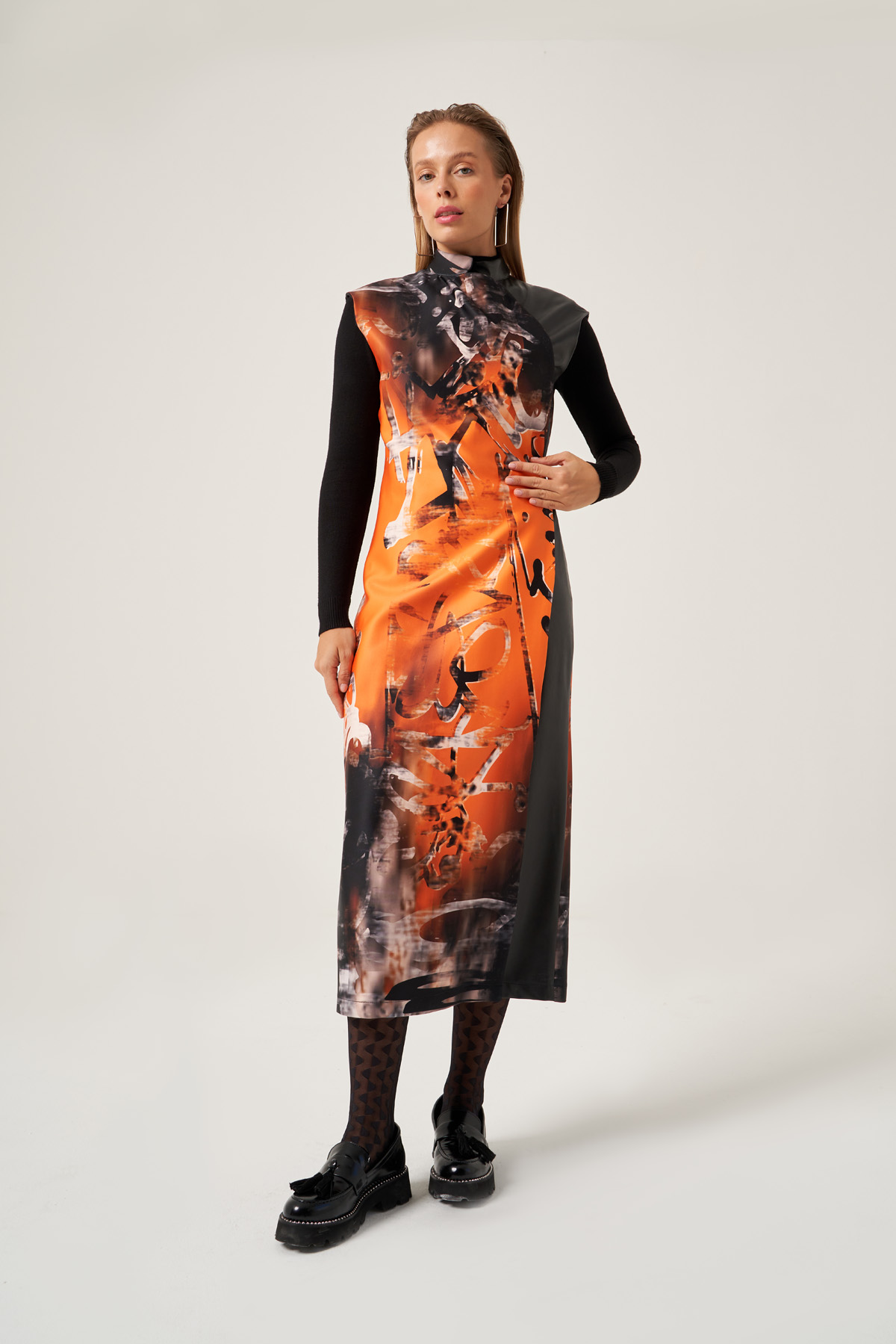 Orange Sleeveless Snap Button Closure Dress