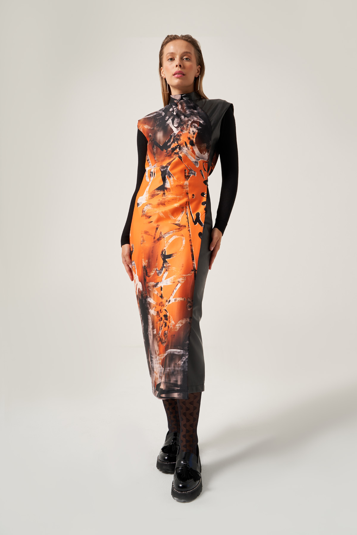 Orange Sleeveless Snap Button Closure Dress