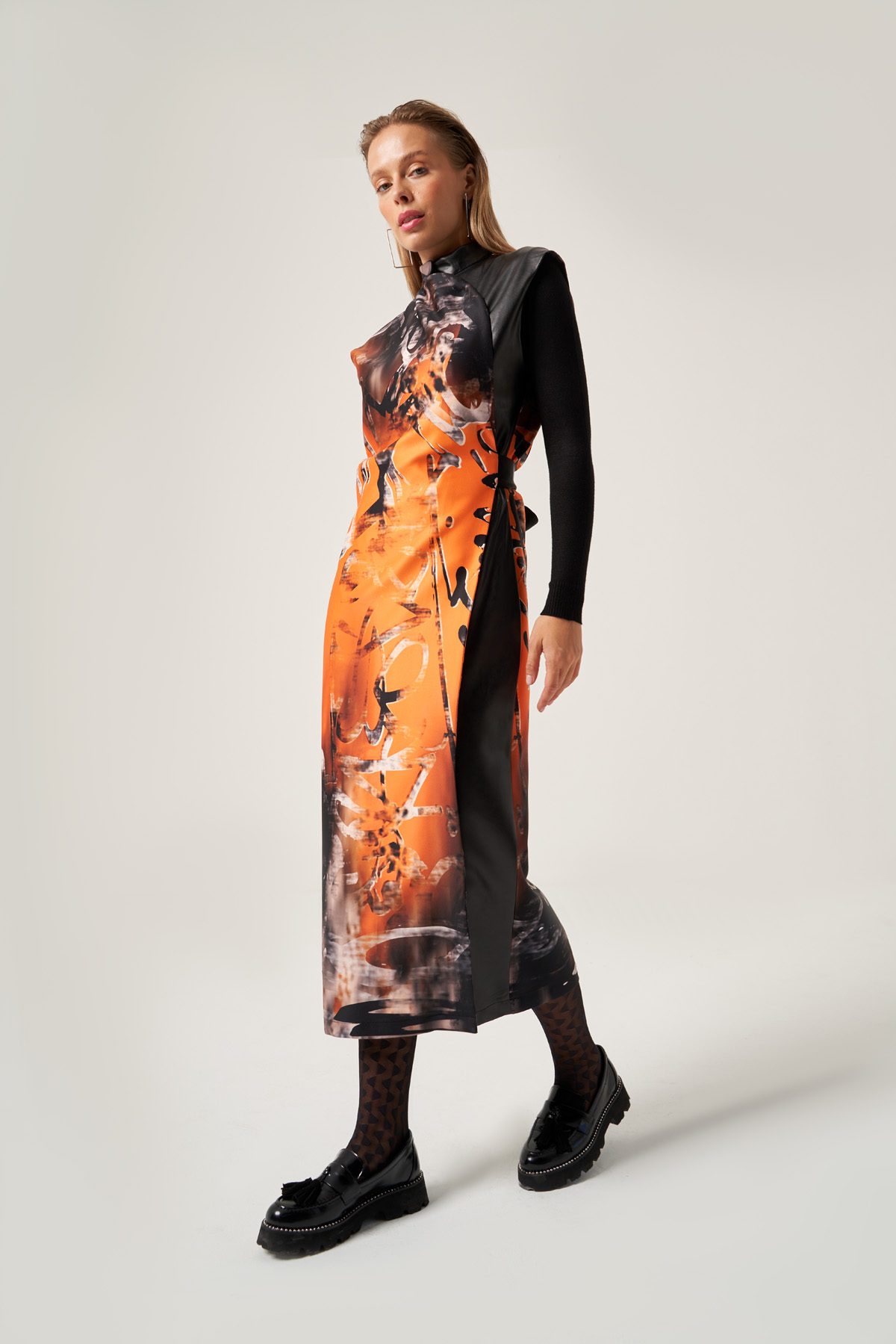Orange Sleeveless Snap Button Closure Dress