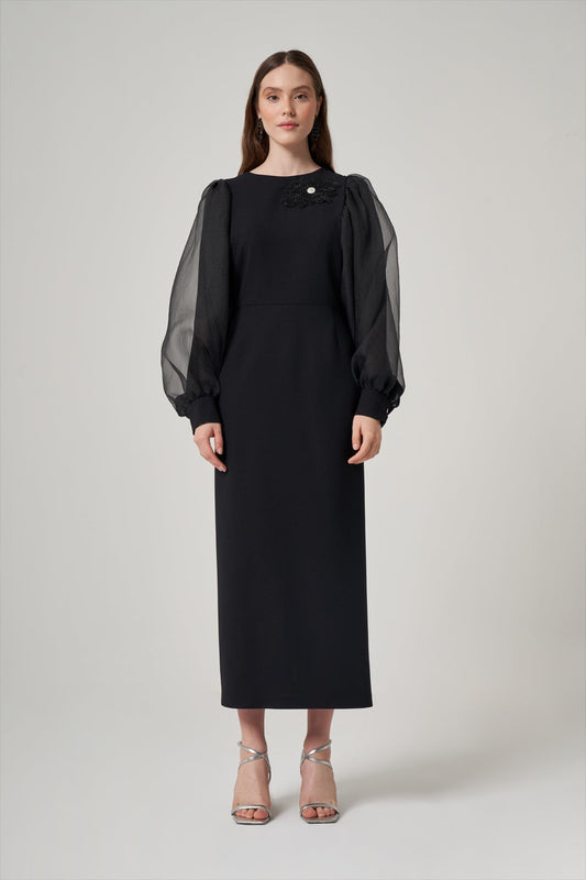 Organza Long-Sleeved Black Polyester Dress