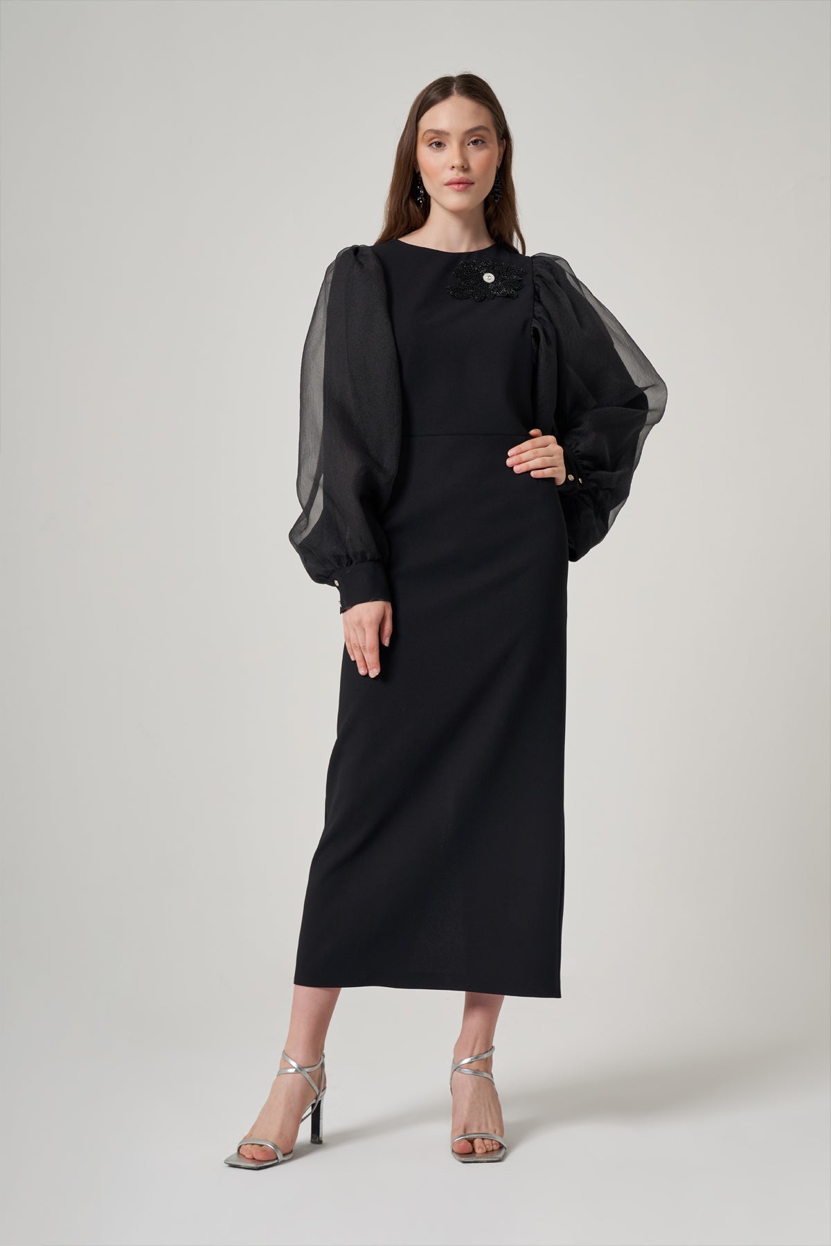 Organza Long-Sleeved Black Polyester Dress