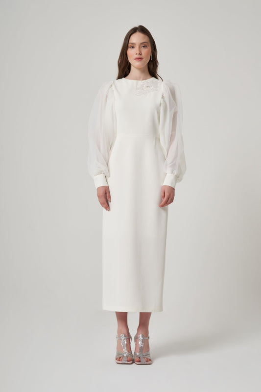 Organza Long-Sleeved White Polyester Dress