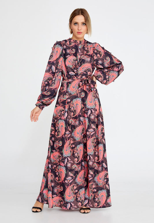 Pink Black Floral Crepe Maxi Dress 1