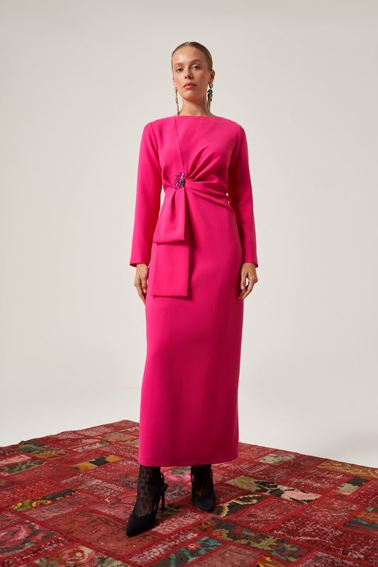 Pink Long Sleeve Midi Viscose Column Regular Casual Dress