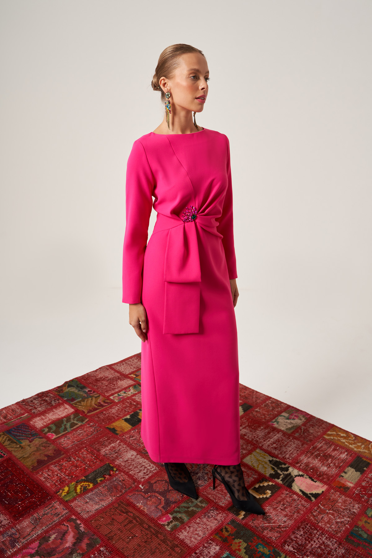 Pink Long Sleeve Midi Viscose Column Regular Casual Dress