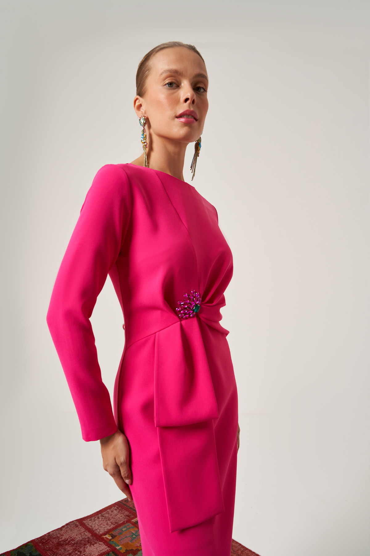 Pink Long Sleeve Midi Viscose Column Regular Casual Dress