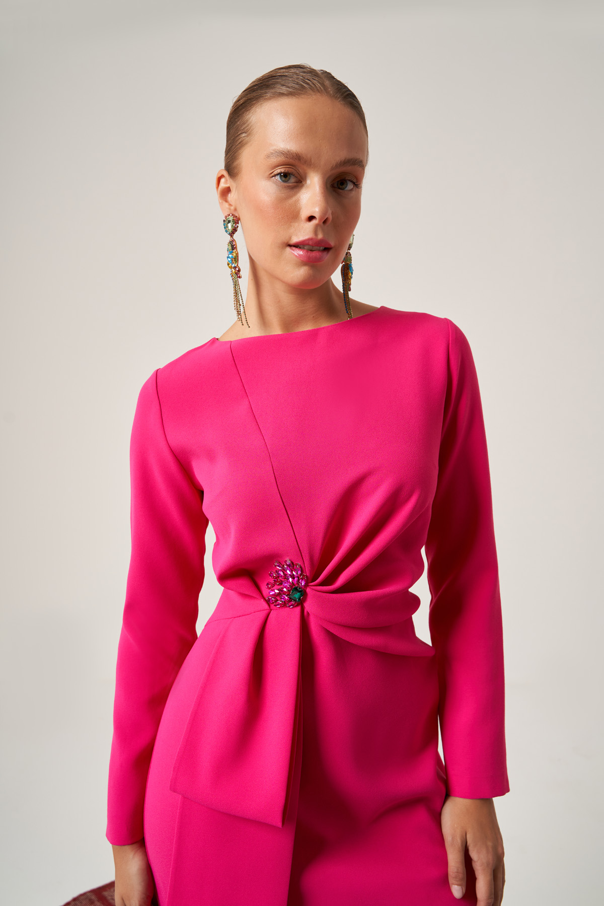 Pink Long Sleeve Midi Viscose Column Regular Casual Dress