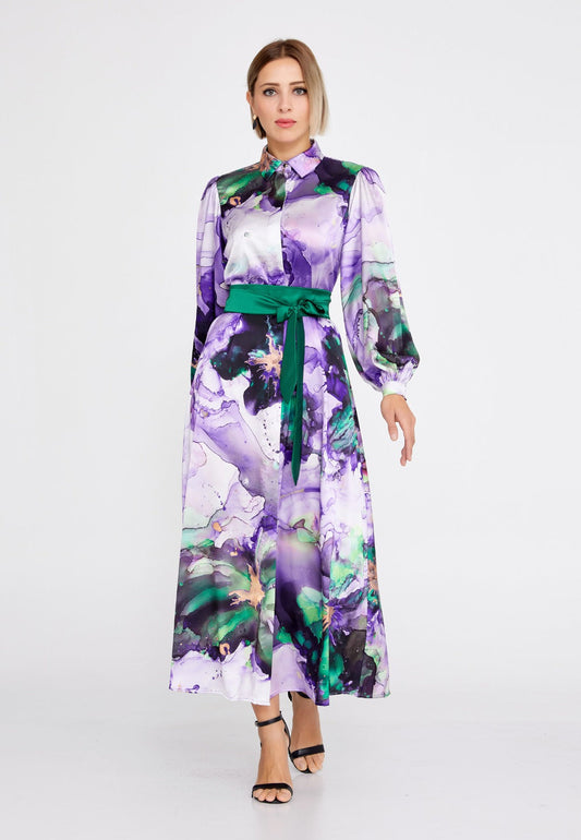 Purple Green Satin Midi Dress