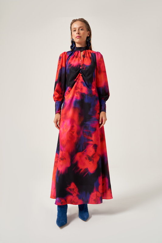Red A-Line Batik Patterned Dress