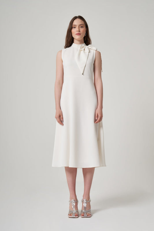 White Bow Tie Crepe Dress with Upper Collar