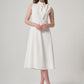 White Bow Tie Crepe Dress with Upper Collar