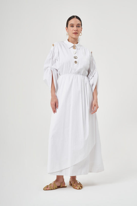 Long Sleeve Maxi Linen Column Regular White Dress
