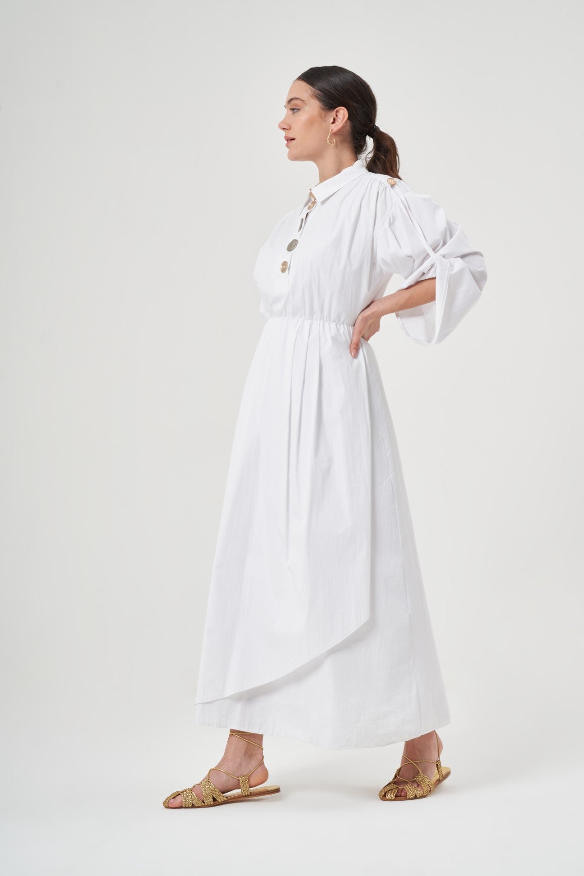 Long Sleeve Maxi Linen Column Regular White Dress